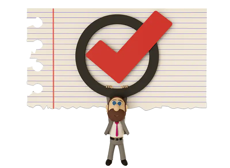 Divorce lawyer hanging from a giant checkmark